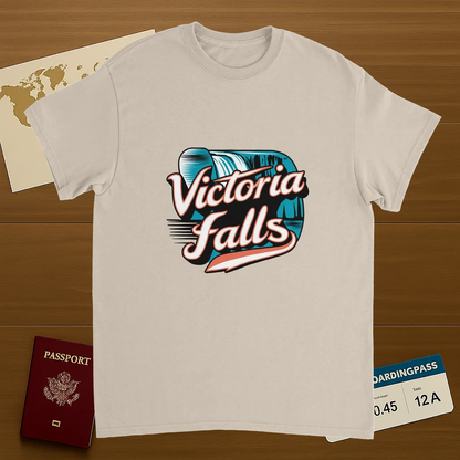 Victoria Falls Unisex Travel T-Shirt on wooden background with world map, passport, and boarding pass