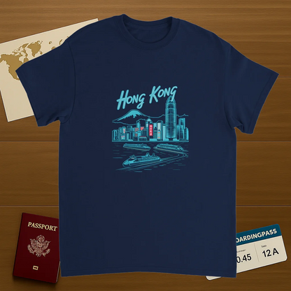 navy Hong Kong Unisex Travel T-Shirt on wooden background with world map, passport, and boarding pass