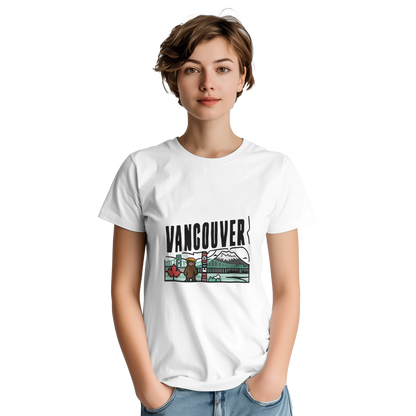 Vancouver Canada Unisex Travel T-Shirt on wooden background with world map, passport, and boarding pass