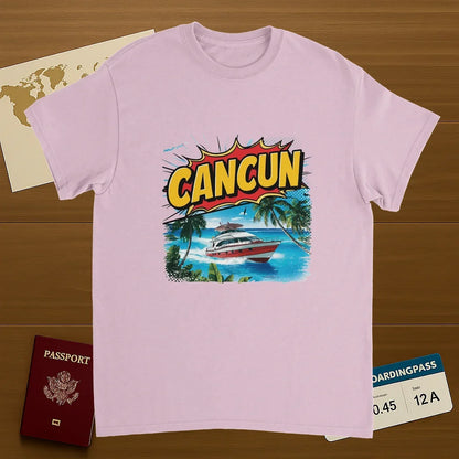 light pink Cancún Mexico Unisex Travel T-Shirt on wooden background with world map, passport, and boarding pass
