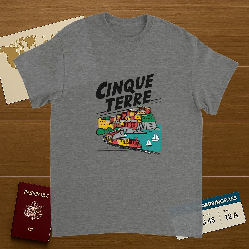 sport grey Cinque Terre Italy Unisex Travel T-Shirt on wooden background with world map, passport, and boarding pass