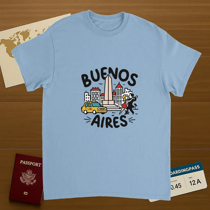 light blue Buenos Aires Argentina Unisex Travel T-Shirt on wooden background with world map, passport, and boarding pass