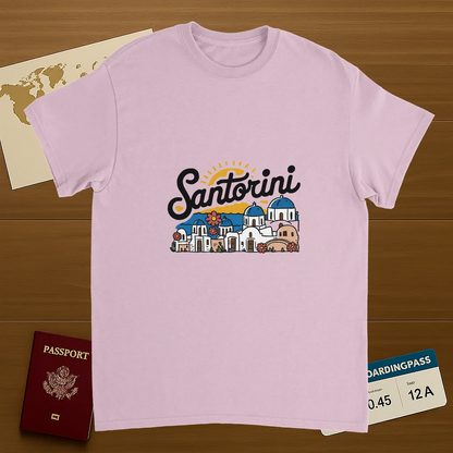 light pink Santorini Greece Unisex Travel T-Shirt on wooden background with world map, passport, and boarding pass