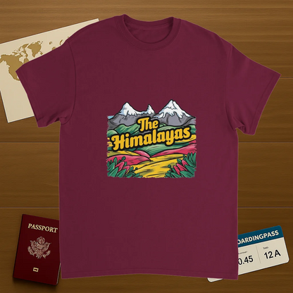 Himalayas Unisex Travel T-Shirt on wooden background with world map, passport, and boarding pass