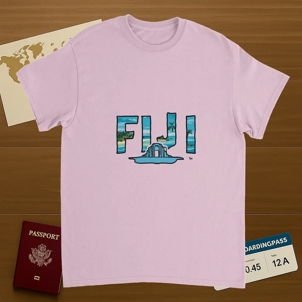 light pink Fiji Unisex Travel T-Shirt on wooden background with world map, passport, and boarding pass