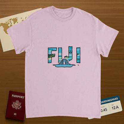 light pink Fiji Unisex Travel T-Shirt on wooden background with world map, passport, and boarding pass