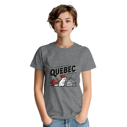 Quebec Canada Unisex Travel T-Shirt on wooden background with world map, passport, and boarding pass