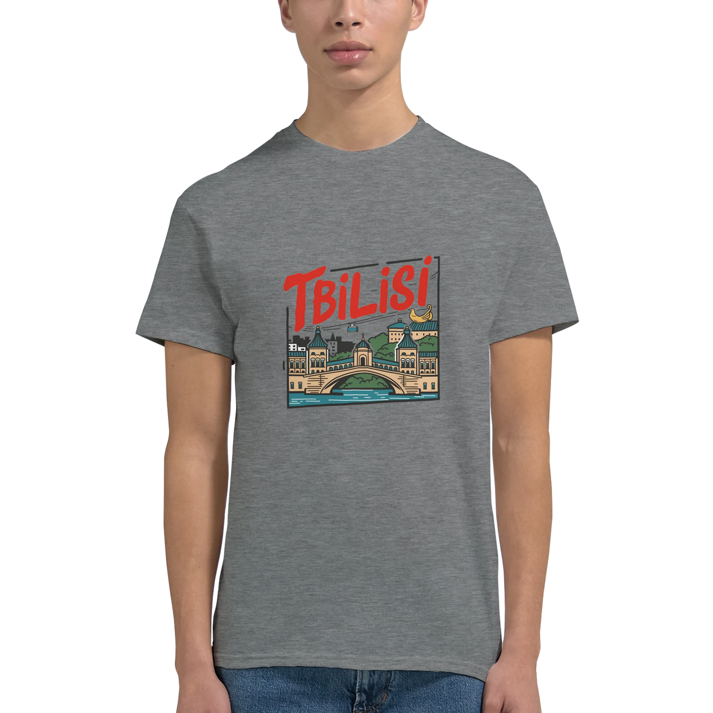 Tbilisi Georgia Unisex Travel T-Shirt on wooden background with world map, passport, and boarding pass