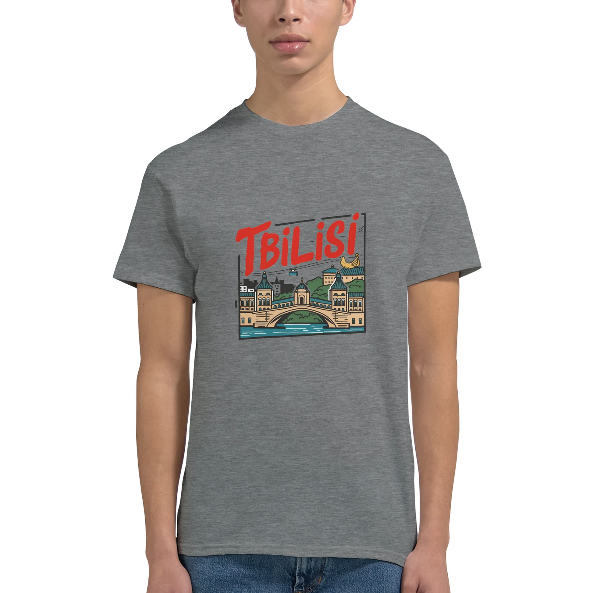 Tbilisi Georgia Unisex Travel T-Shirt on wooden background with world map, passport, and boarding pass