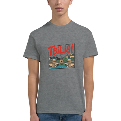 Tbilisi Georgia Unisex Travel T-Shirt on wooden background with world map, passport, and boarding pass