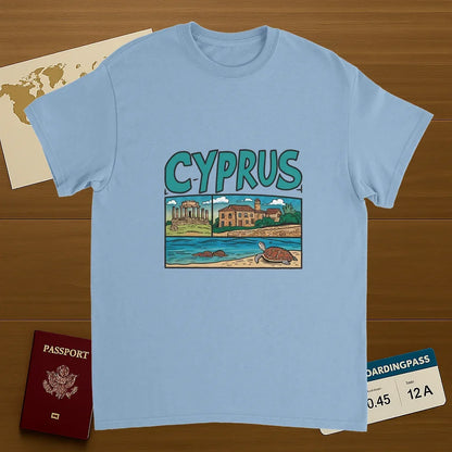 light blue Cyprus Unisex Travel T-Shirt on wooden background with world map, passport, and boarding pass