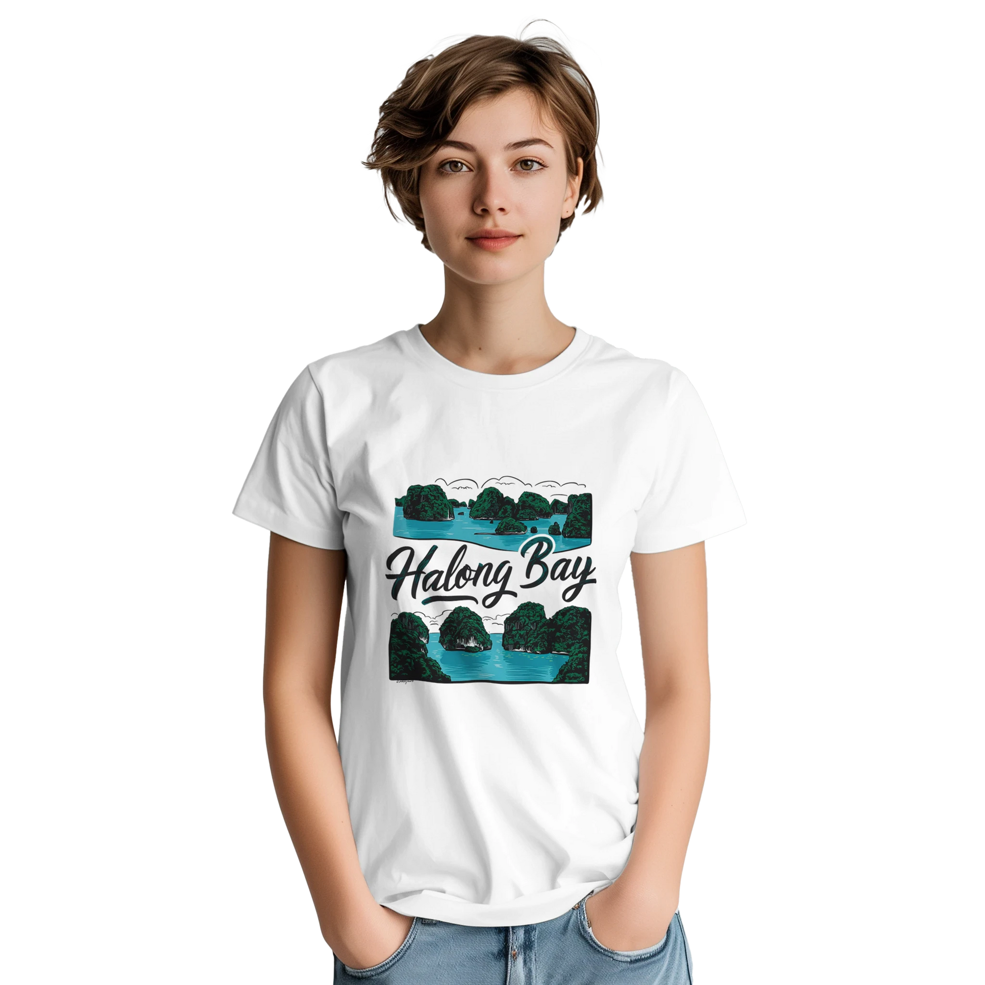 Halong Bay Vietnam Unisex Travel T-Shirt on wooden background with world map, passport, and boarding pass