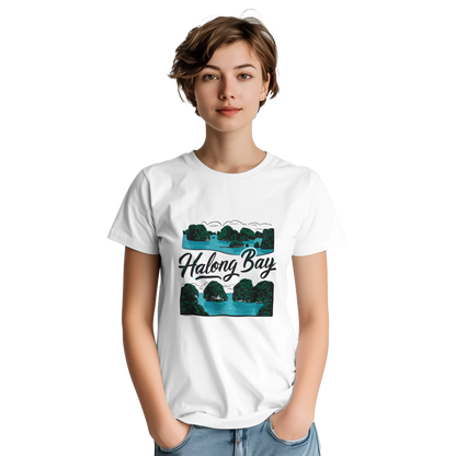 Halong Bay Vietnam Unisex Travel T-Shirt on wooden background with world map, passport, and boarding pass