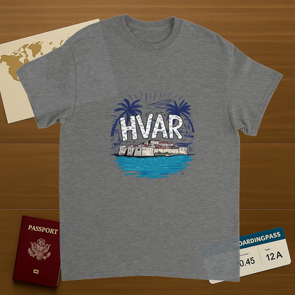 sport grey Hvar Croatia Unisex Travel T-Shirt on wooden background with world map, passport, and boarding pass
