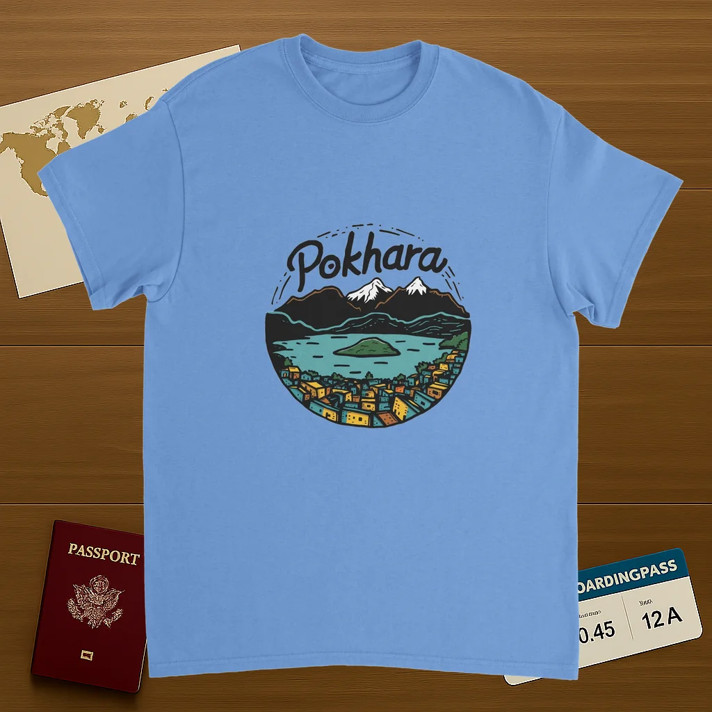 carolina blue Pokhara Nepal Unisex Travel T-Shirt on wooden background with world map, passport, and boarding pass