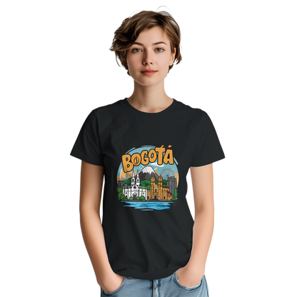 Bogotá Colombia Unisex Travel T-Shirt on wooden background with world map, passport, and boarding pass