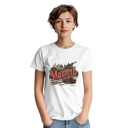 Madrid Spain Unisex Travel T-Shirt on wooden background with world map, passport, and boarding pass