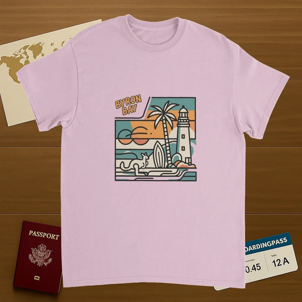 light pink Byron Bay Australia Unisex Travel T-Shirt on wooden background with world map, passport, and boarding pass