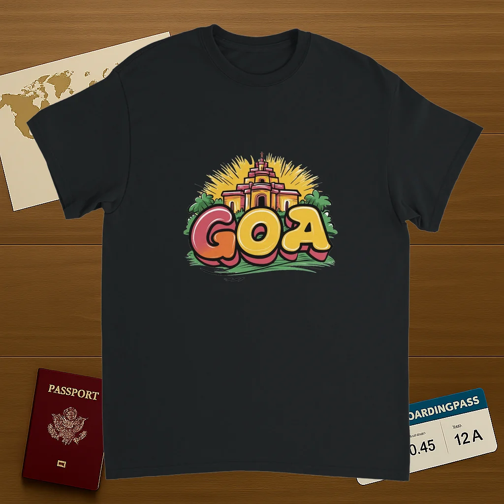 black Goa India Unisex Travel T-Shirt on wooden background with world map, passport, and boarding pass