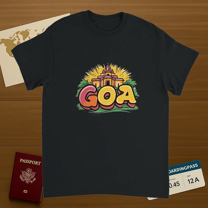 black Goa India Unisex Travel T-Shirt on wooden background with world map, passport, and boarding pass
