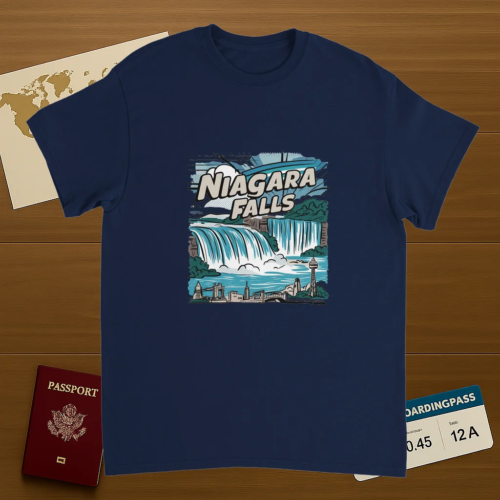 navy Niagara Falls Unisex Travel T-Shirt on wooden background with world map, passport, and boarding pass