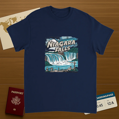 navy Niagara Falls Unisex Travel T-Shirt on wooden background with world map, passport, and boarding pass