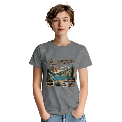 Yellowstone USA Unisex Travel T-Shirt on wooden background with world map, passport, and boarding pass