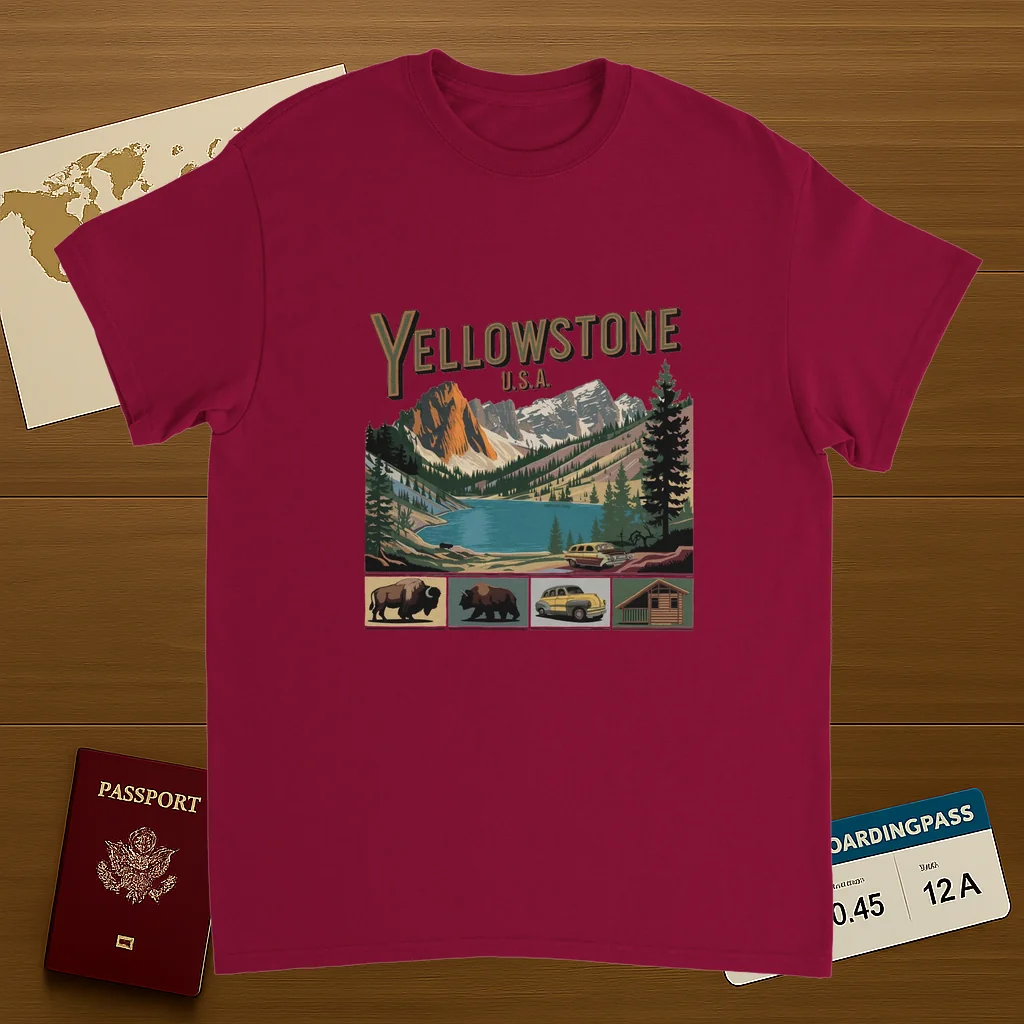 cardinal red Yellowstone USA Unisex Travel T-Shirt on wooden background with world map, passport, and boarding pass