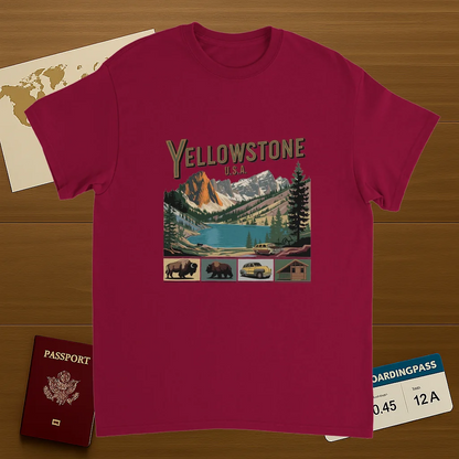 cardinal red Yellowstone USA Unisex Travel T-Shirt on wooden background with world map, passport, and boarding pass