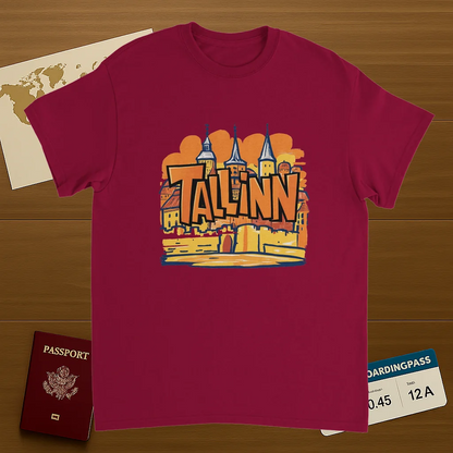 cardinal red Tallinn Estonia Unisex Travel T-Shirt on wooden background with world map, passport, and boarding pass