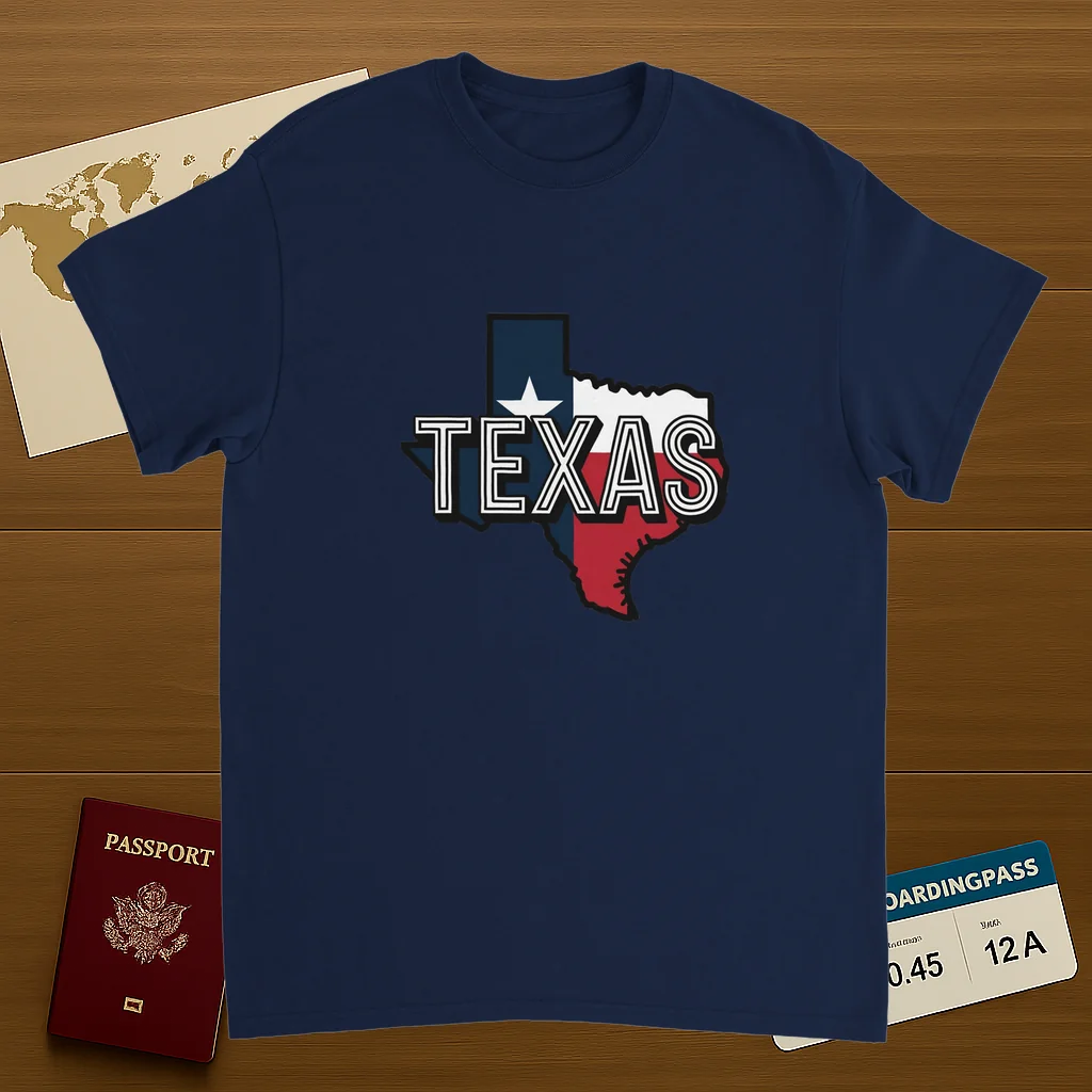 navy Texas USA Unisex Travel T-Shirt on wooden background with world map, passport, and boarding pass