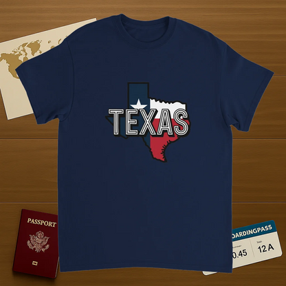 navy Texas USA Unisex Travel T-Shirt on wooden background with world map, passport, and boarding pass