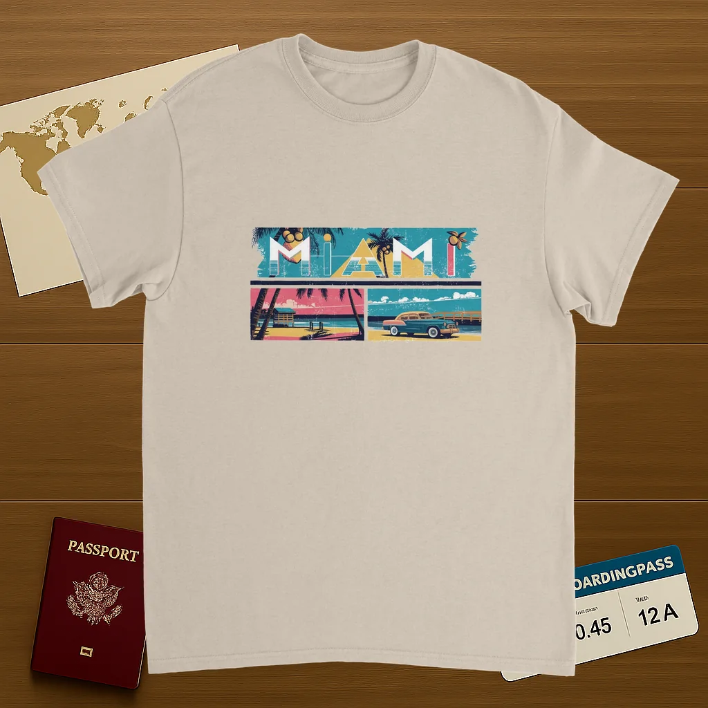Miami USA Unisex Travel T-Shirt on wooden background with world map, passport, and boarding pass