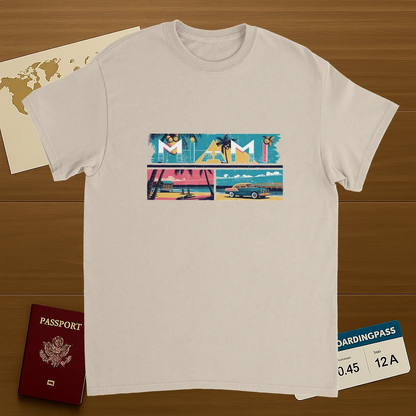 Miami USA Unisex Travel T-Shirt on wooden background with world map, passport, and boarding pass