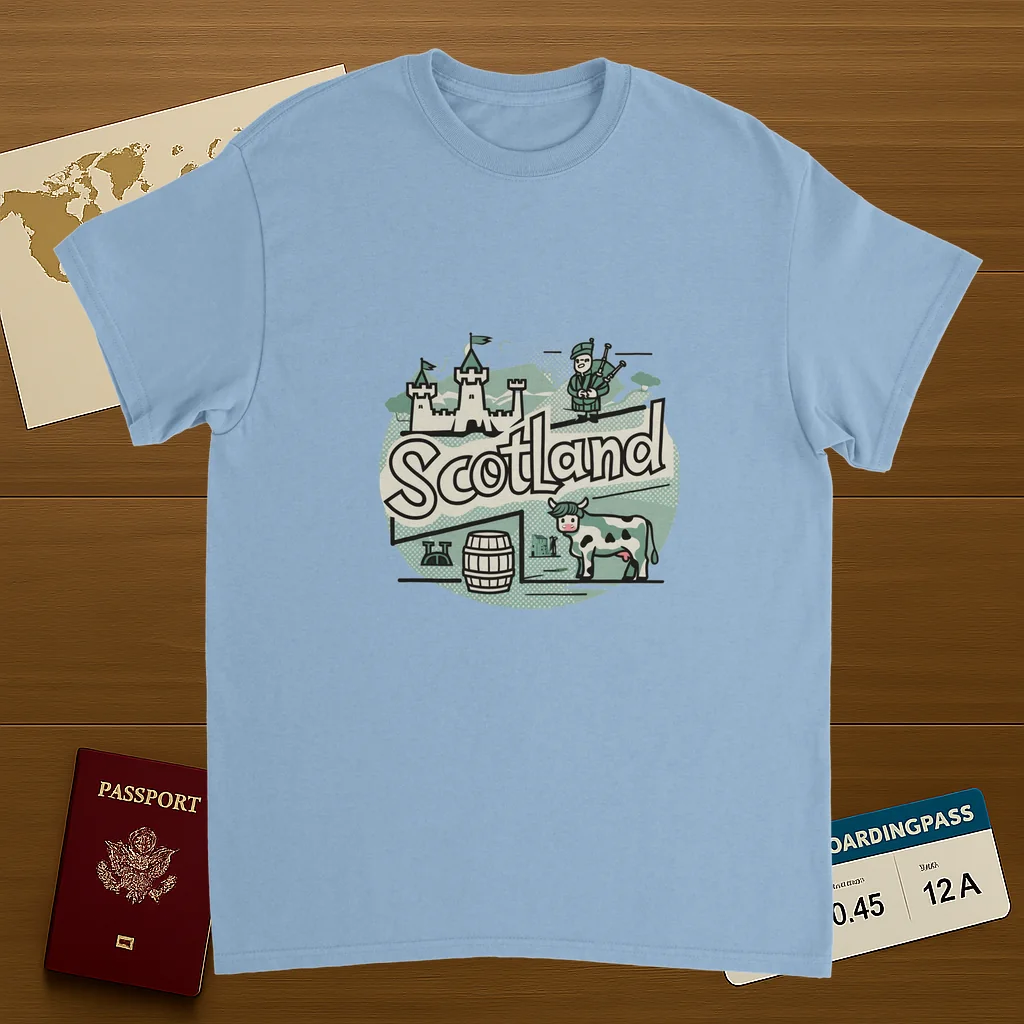 light blue Scotland Unisex Travel T-Shirt on wooden background with world map, passport, and boarding pass