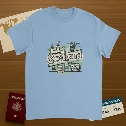 light blue Scotland Unisex Travel T-Shirt on wooden background with world map, passport, and boarding pass