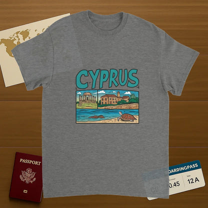 sport grey Cyprus Unisex Travel T-Shirt on wooden background with world map, passport, and boarding pass
