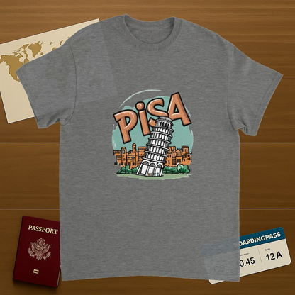 sport grey Pisa Italy Unisex Travel T-Shirt on wooden background with world map, passport, and boarding pass