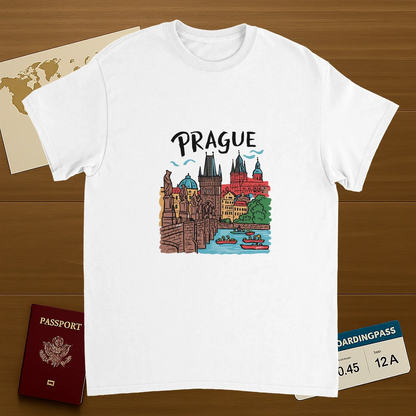 white Prague Czechia Unisex Travel T-Shirt on wooden background with world map, passport, and boarding pass