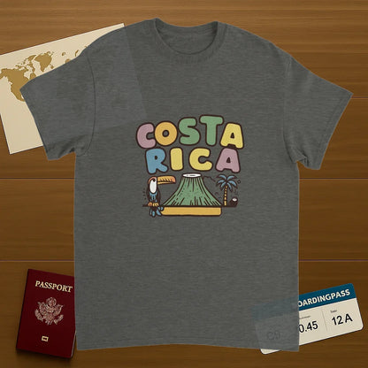 Costa Rica Unisex Travel T-Shirt on wooden background with world map, passport, and boarding pass