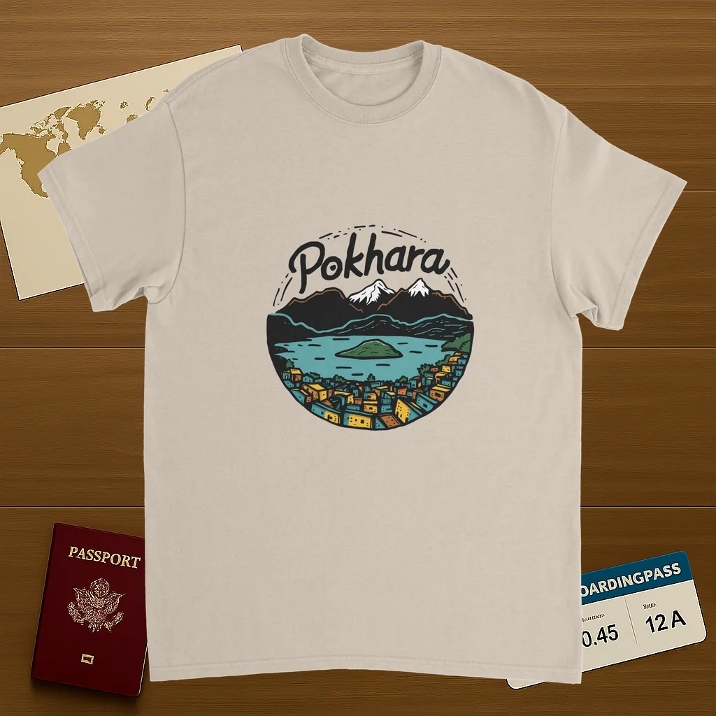 Pokhara Nepal Unisex Travel T-Shirt on wooden background with world map, passport, and boarding pass