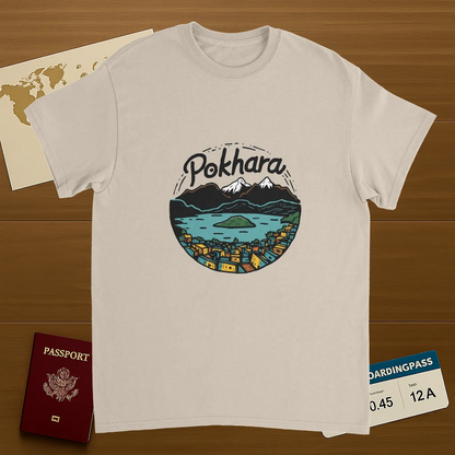 Pokhara Nepal Unisex Travel T-Shirt on wooden background with world map, passport, and boarding pass