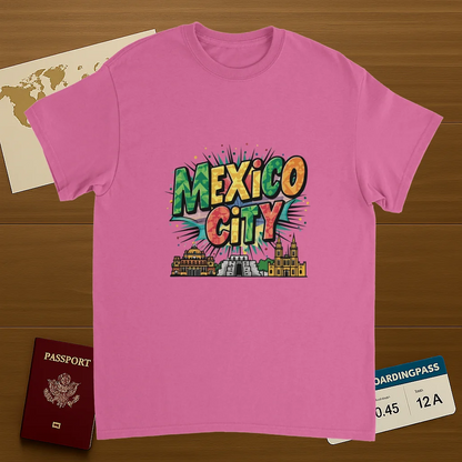 Mexico City Unisex Travel T-Shirt on wooden background with world map, passport, and boarding pass