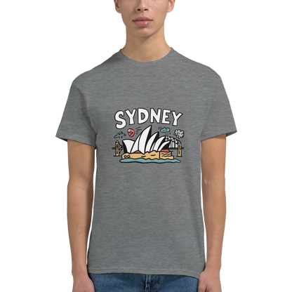 Sydney Australia Unisex Travel T-Shirt on wooden background with world map, passport, and boarding pass