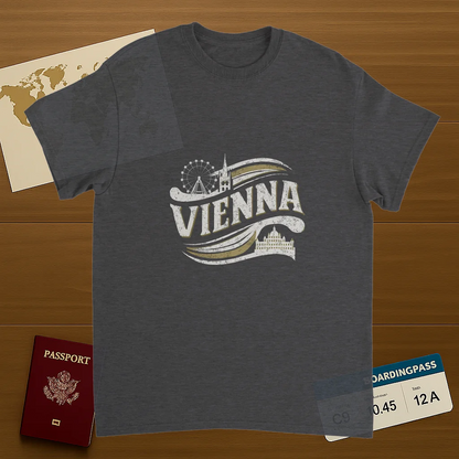 Vienna Austria Unisex Travel T-Shirt on wooden background with world map, passport, and boarding pass