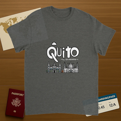 Quito Ecuador Unisex Travel T-Shirt on wooden background with world map, passport, and boarding pass