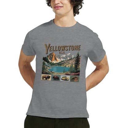 Yellowstone USA Unisex Travel T-Shirt on wooden background with world map, passport, and boarding pass