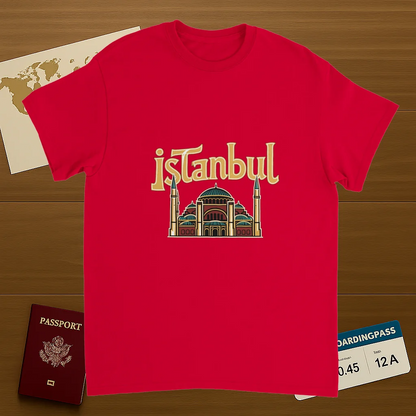 red Istanbul Turkey Unisex Travel T-Shirt on wooden background with world map, passport, and boarding pass