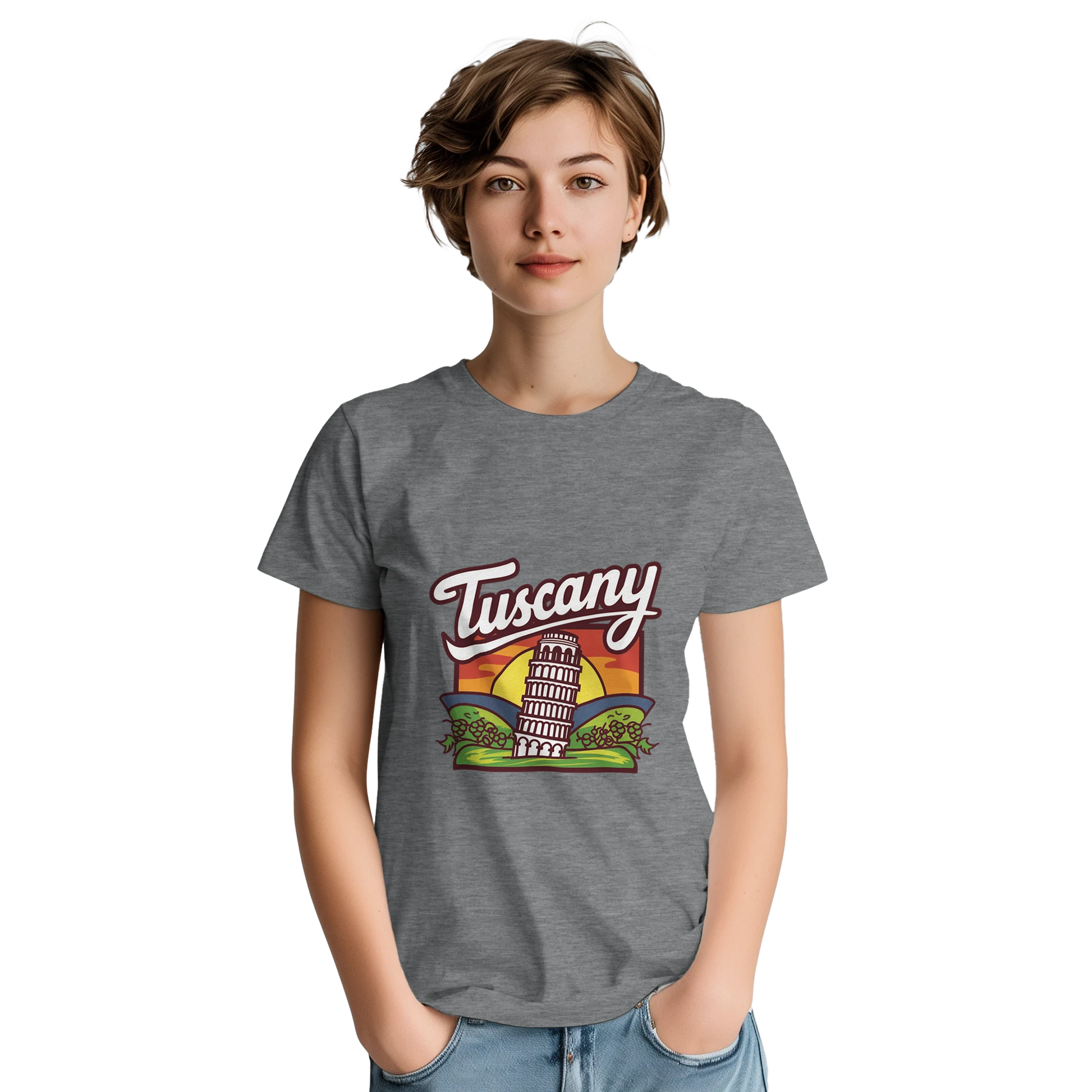 Tuscany Italy Unisex Travel T-Shirt featuring a person