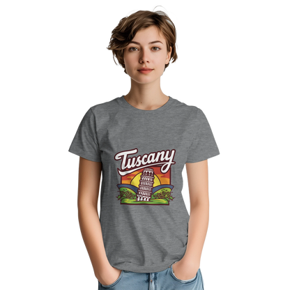 Tuscany Italy Unisex Travel T-Shirt featuring a person